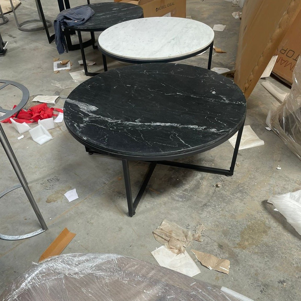 Black Marble round coffee table X Base - Rustic Furniture Outlet