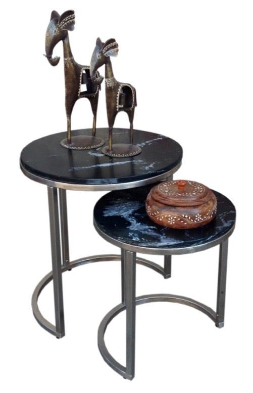 Black Marble set of 2 nesting end tables nickle base half moon - Rustic Furniture Outlet