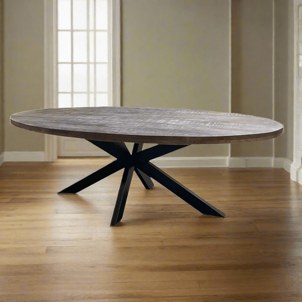 Cartier 91 inch Weathered Oval Mango wood dining table - Rustic Furniture Outlet