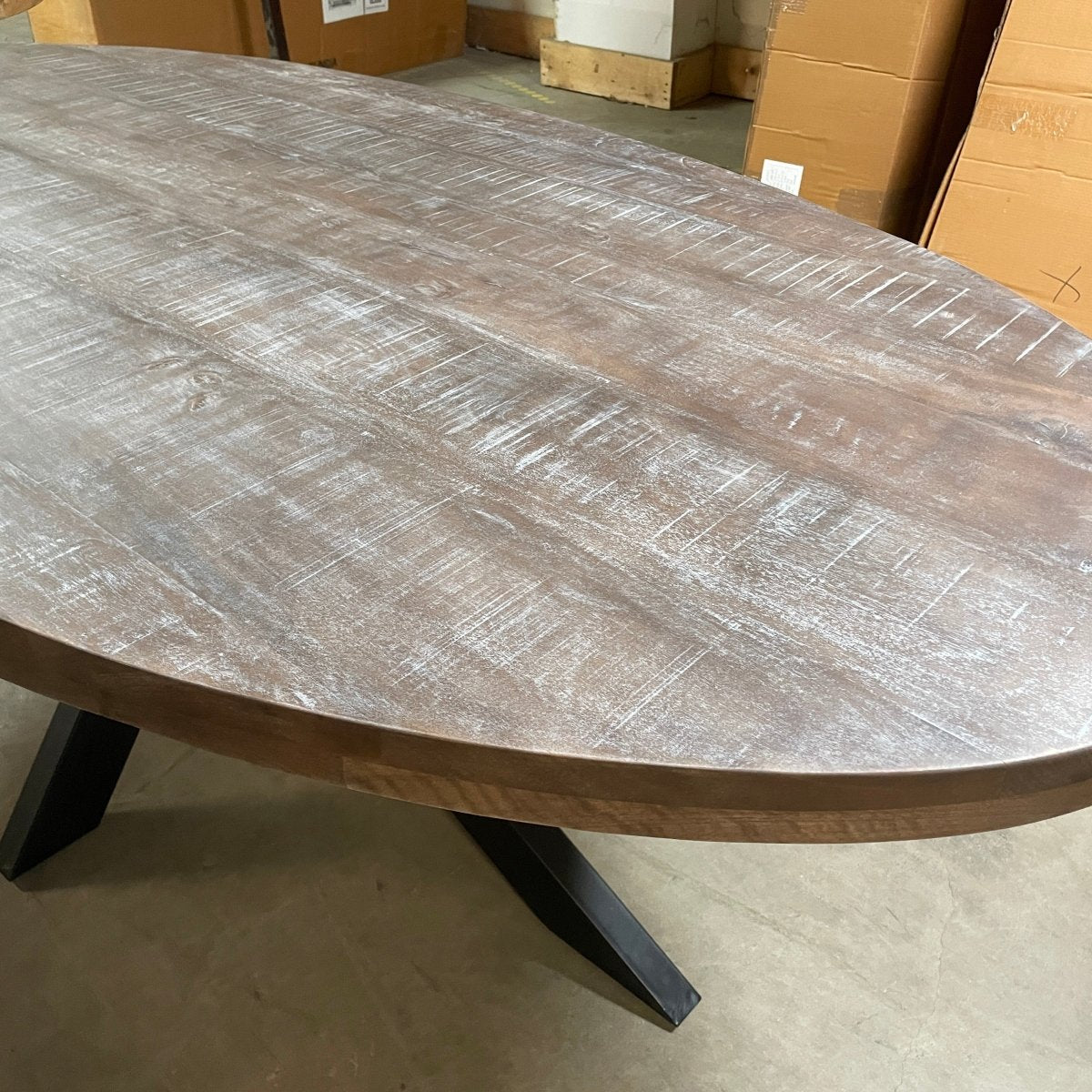 Cartier 91 inch Weathered Oval Mango wood dining table - Rustic Furniture Outlet