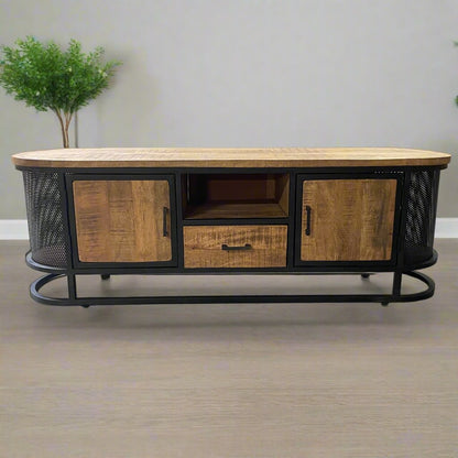 Dundas industrial Rustic Mango wood TV Stand - Rustic Furniture Outlet