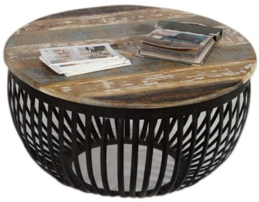 Table basse ronde à tambour en bois récupéré Errano - Sortie de meubles rustiques
