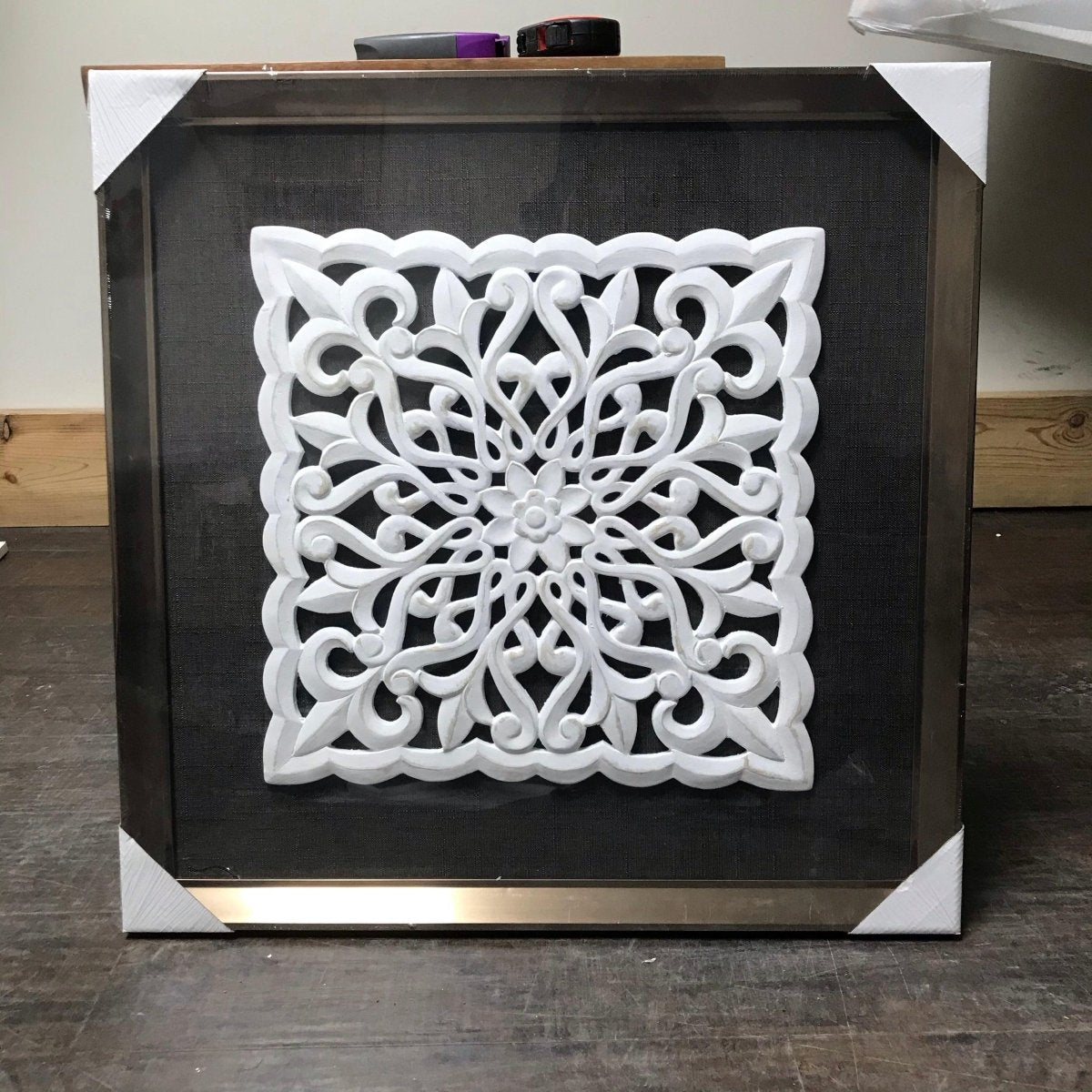 Framed white wood filigree carving 24” x 24” - Rustic Furniture Outlet