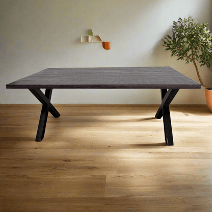 Frontier Chocolate 75 inch mango wood Rectangle Dining Table metal X legs - Rustic Furniture Outlet