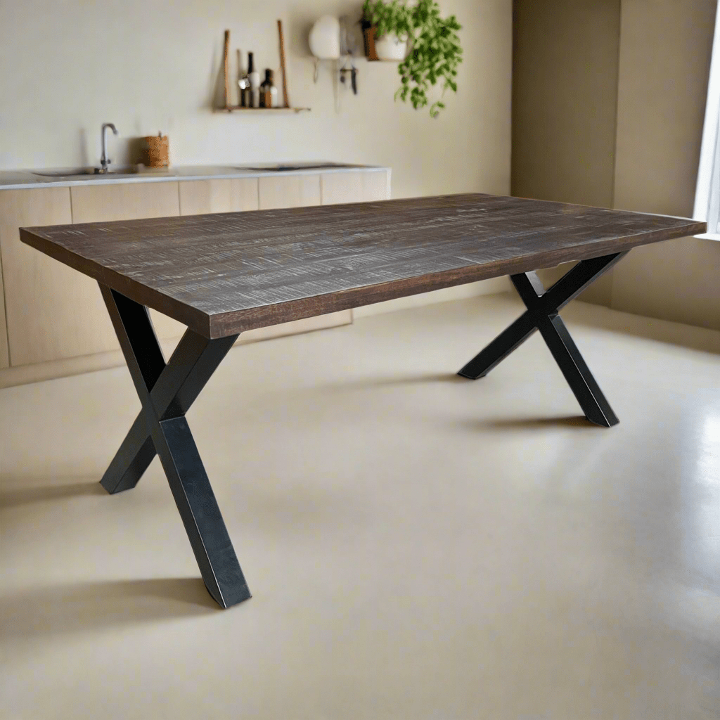 Frontier Chocolate 75 inch mango wood Rectangle Dining Table metal X legs - Rustic Furniture Outlet