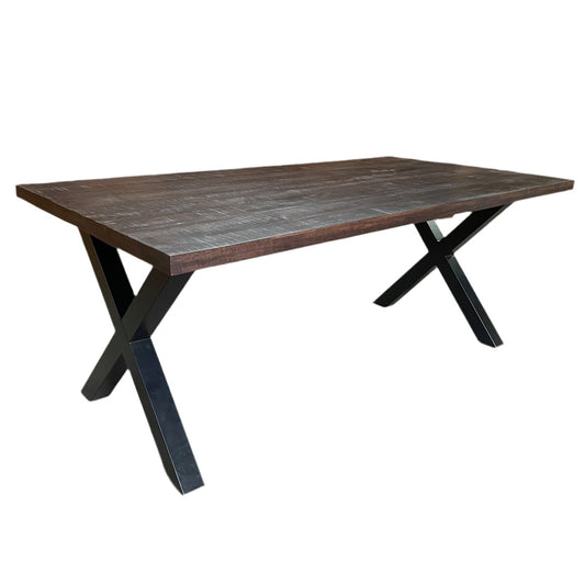 Frontier Chocolate 75 inch mango wood Rectangle Dining Table metal X legs - Rustic Furniture Outlet