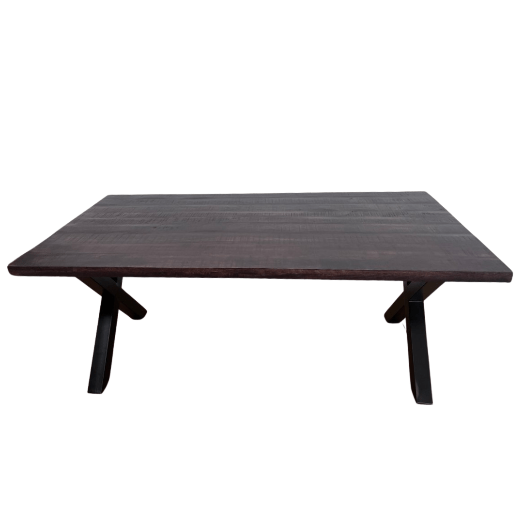 Frontier Chocolate 75 inch mango wood Rectangle Dining Table metal X legs - Rustic Furniture Outlet