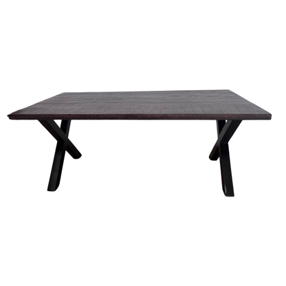 Frontier Chocolate 75 inch mango wood Rectangle Dining Table metal X legs - Rustic Furniture Outlet