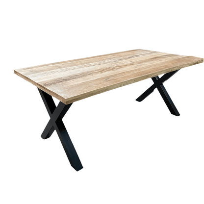 Frontier Natural 75 inch mango wood Rectangle Dining Table metal X legs - Rustic Furniture Outlet