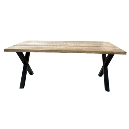 Frontier Natural 75 inch mango wood Rectangle Dining Table metal X legs - Rustic Furniture Outlet