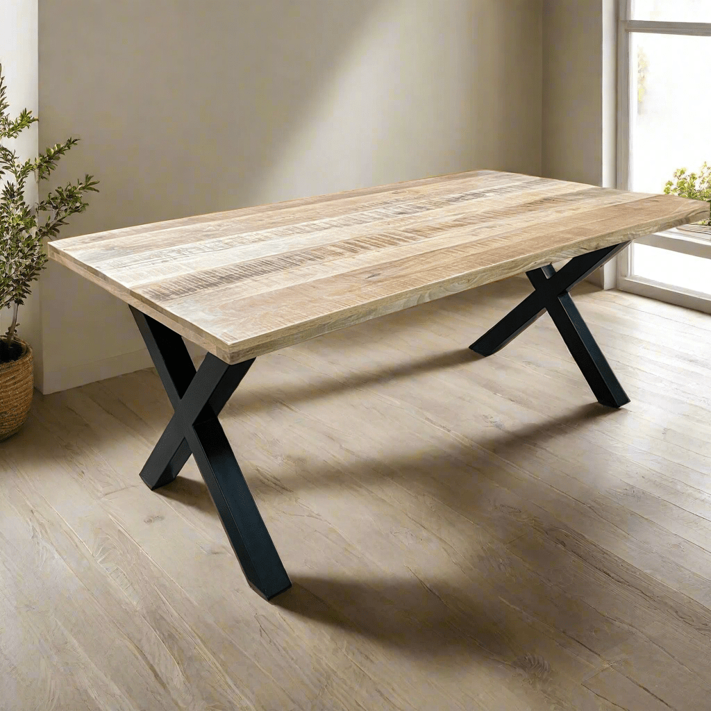 Frontier Natural 75 inch mango wood Rectangle Dining Table metal X legs - Rustic Furniture Outlet