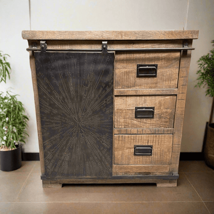 Galibier Barn door 3 drawer chest - Rustic Furniture Outlet