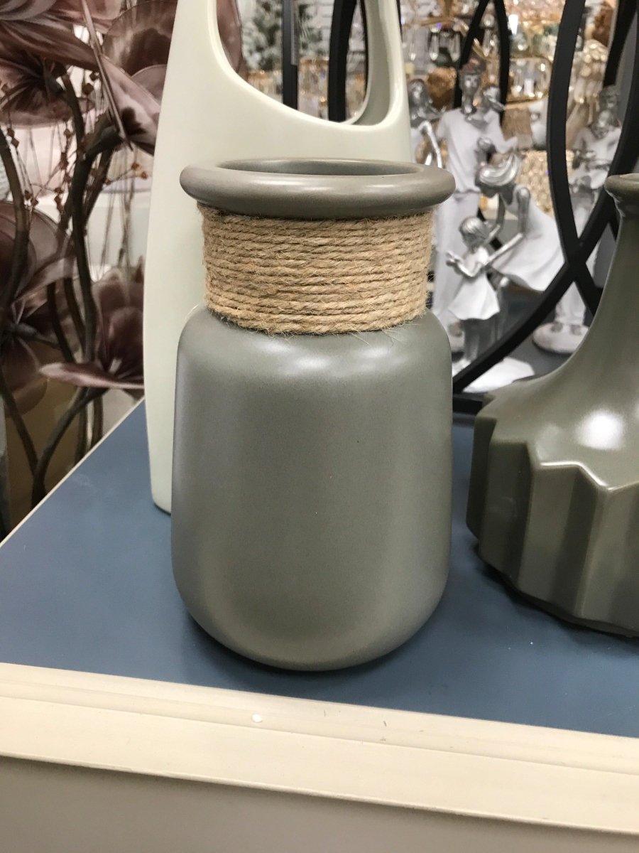 Grey Ceramic vase with jute - Rustic Furniture Outlet