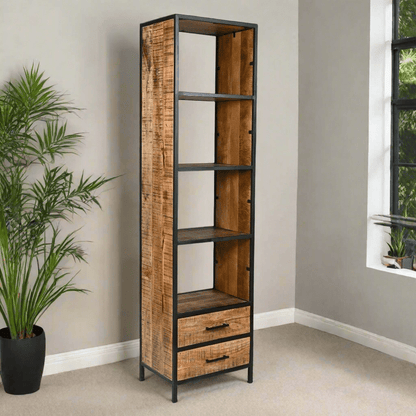 Madone Mango Wood Slim Bookcase with drawers - Rustic Furniture Outlet