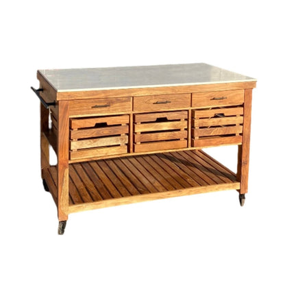 ROMY - Solid Acacia wood Kitchen Island With Marble Top - Rustic Furniture Outlet