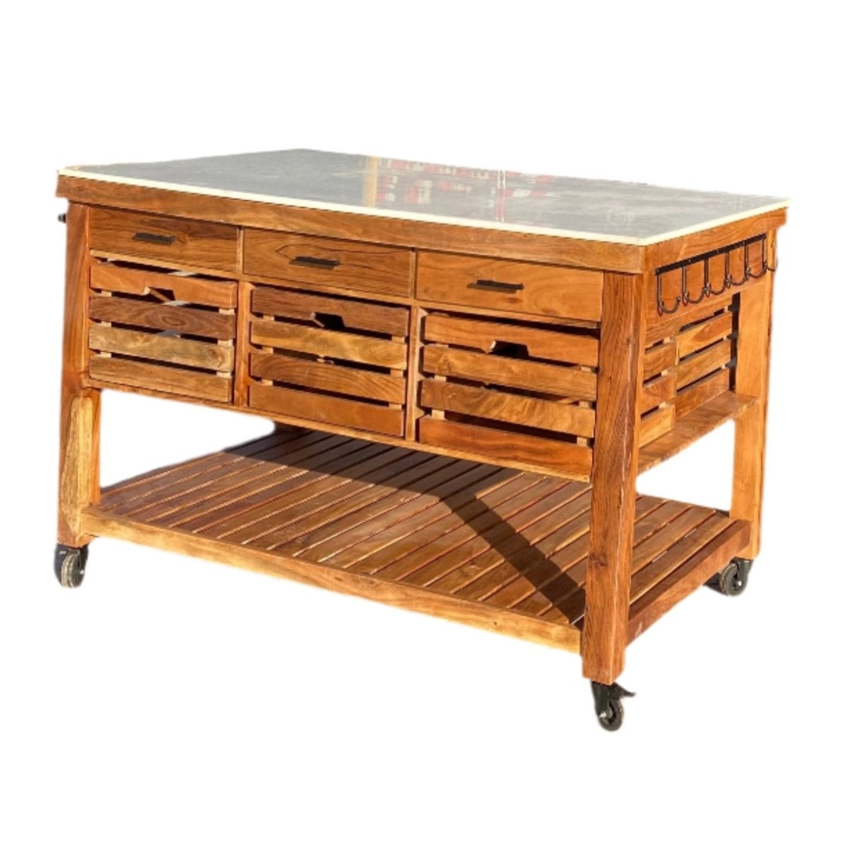 ROMY - Solid Acacia wood Kitchen Island With Marble Top - Rustic Furniture Outlet