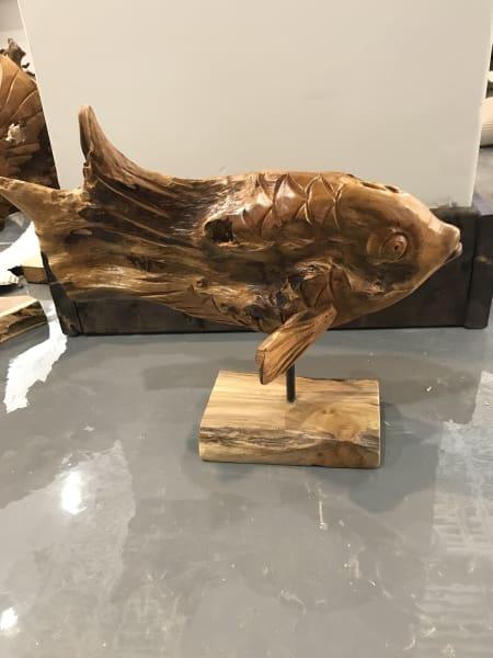 Small Teak Wood Fish on stand A (30cm x 43cm x 10cm) - Rustic Furniture Outlet