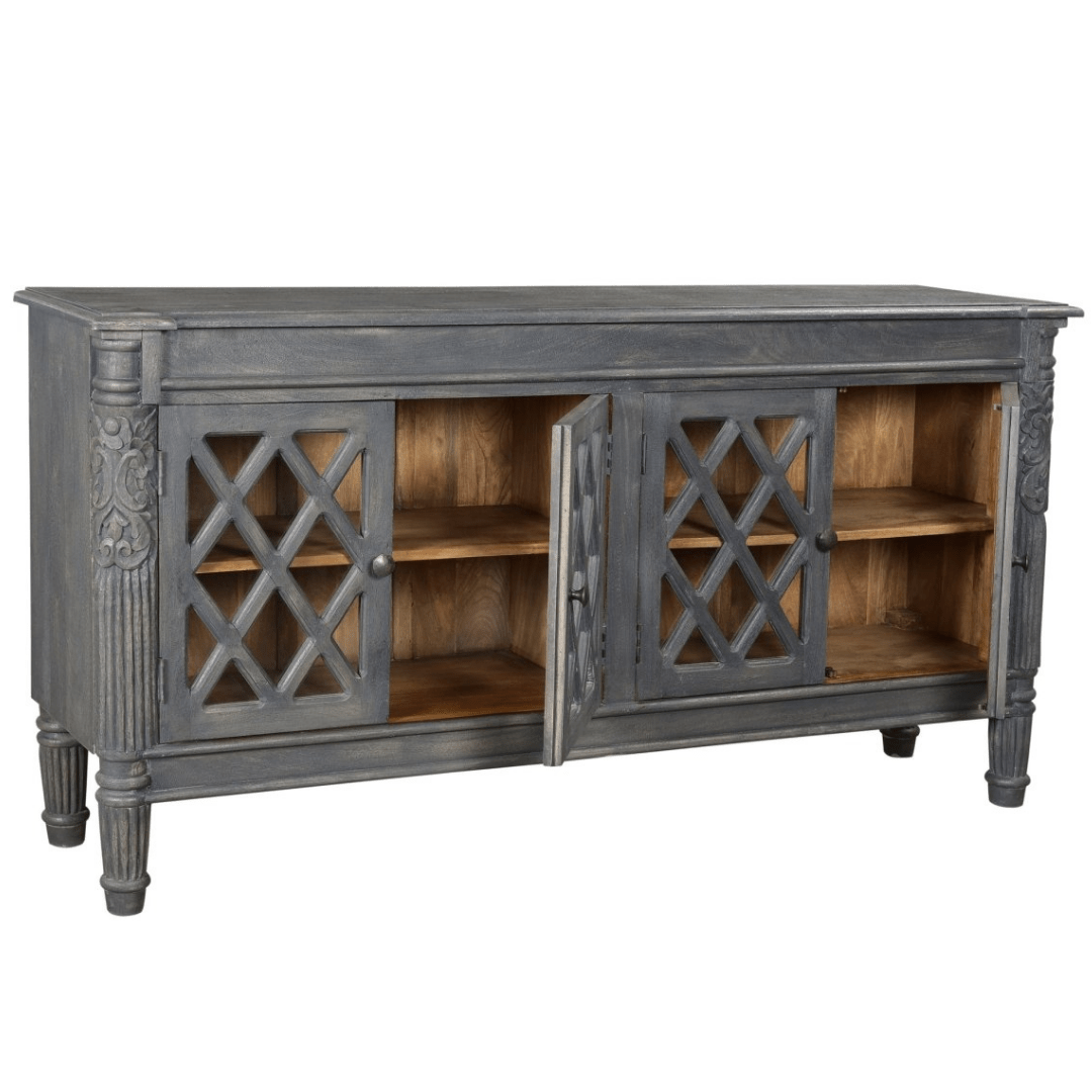 Smoke Grey Jaipur Buffet with 4 glass doors - Rustic Furniture Outlet