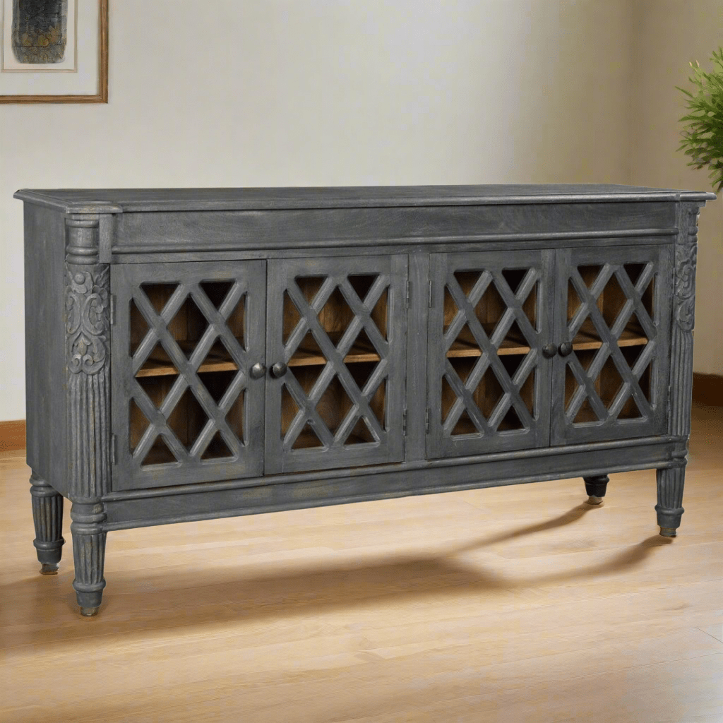 Smoke Grey Jaipur Buffet with 4 glass doors - Rustic Furniture Outlet