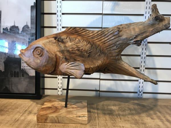 Teak Wood Fish on stand D (55cm x 35cm x 10cm) - Rustic Furniture Outlet