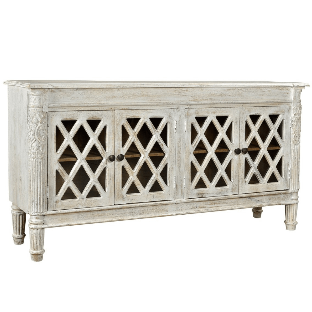 White Jaipur Buffet with 4 glass doors - Rustic Furniture Outlet