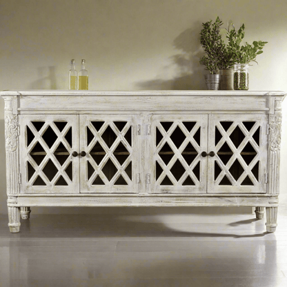 White Jaipur Buffet with 4 glass doors - Rustic Furniture Outlet