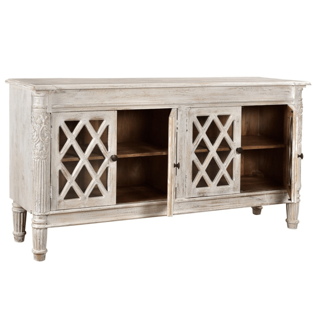 White Jaipur Buffet with 4 glass doors - Rustic Furniture Outlet