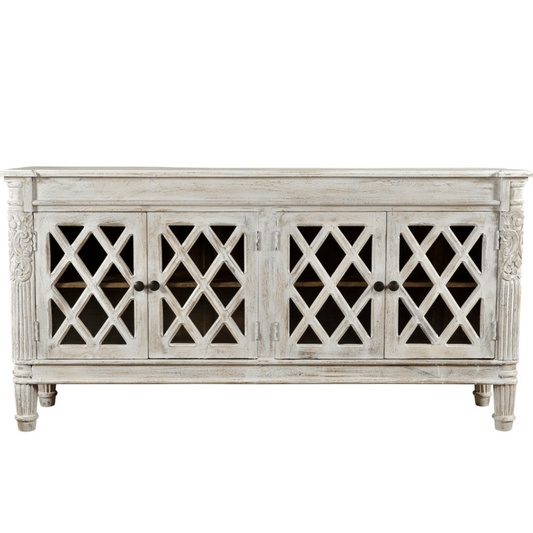 White Jaipur Buffet with 4 glass doors - Rustic Furniture Outlet