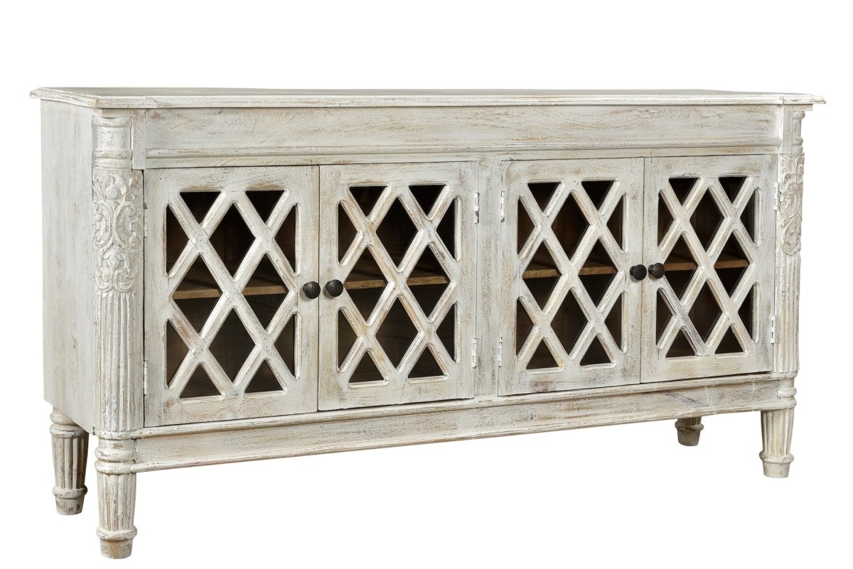 White Jaipur Buffet avec 4 portes en verre - Rustic Furniture Outlet