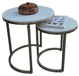 White Marble set of 2 nesting end tables nickle base half moon - Rustic Furniture Outlet