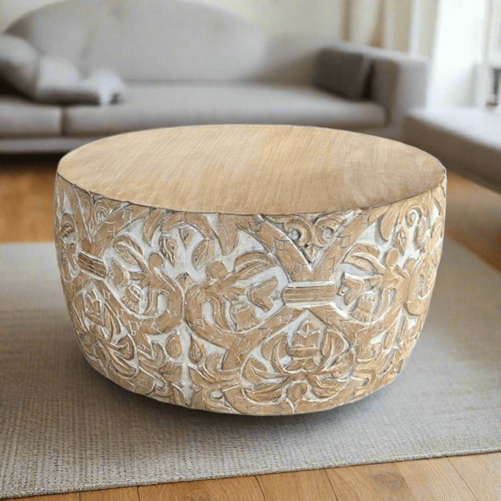 White Wash Jungle Mango Wood Drum Coffee Table - Rustic Furniture Outlet