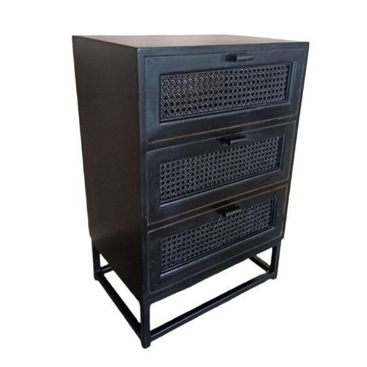 Alena Cane Black 3 drawer nightstand - Rustic Furniture Outlet