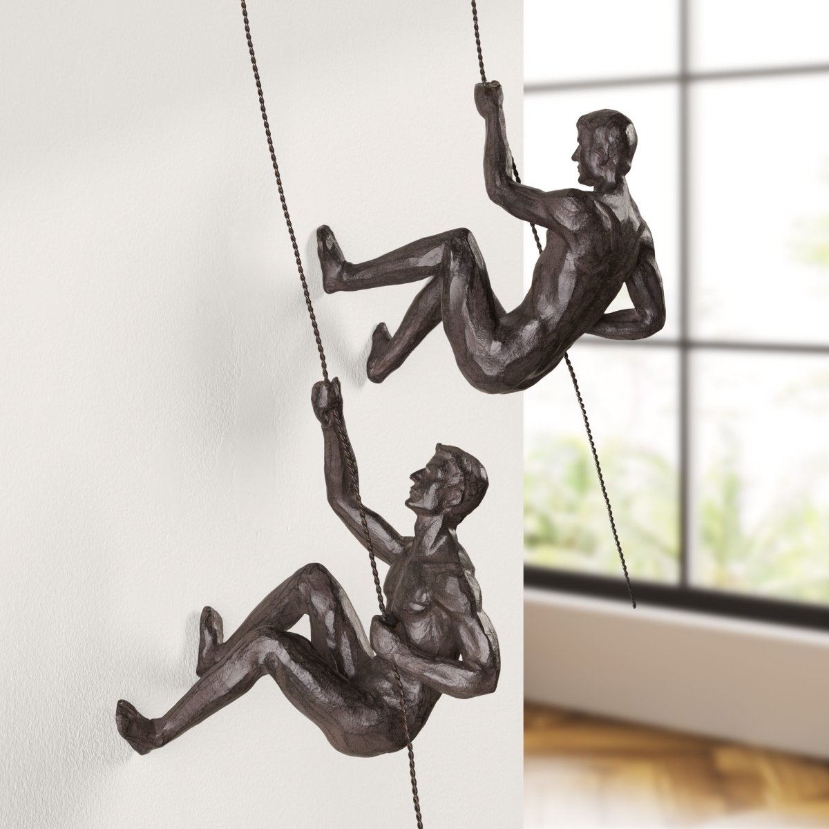 Antique Bronze Cliff Resin Men 2 Piece Wall Climbing Sculpture Set - Rustic Furniture Outlet