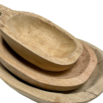 Beta Set of 3 Natural Finish Mango wood Trays with handles - Rustic Furniture Outlet