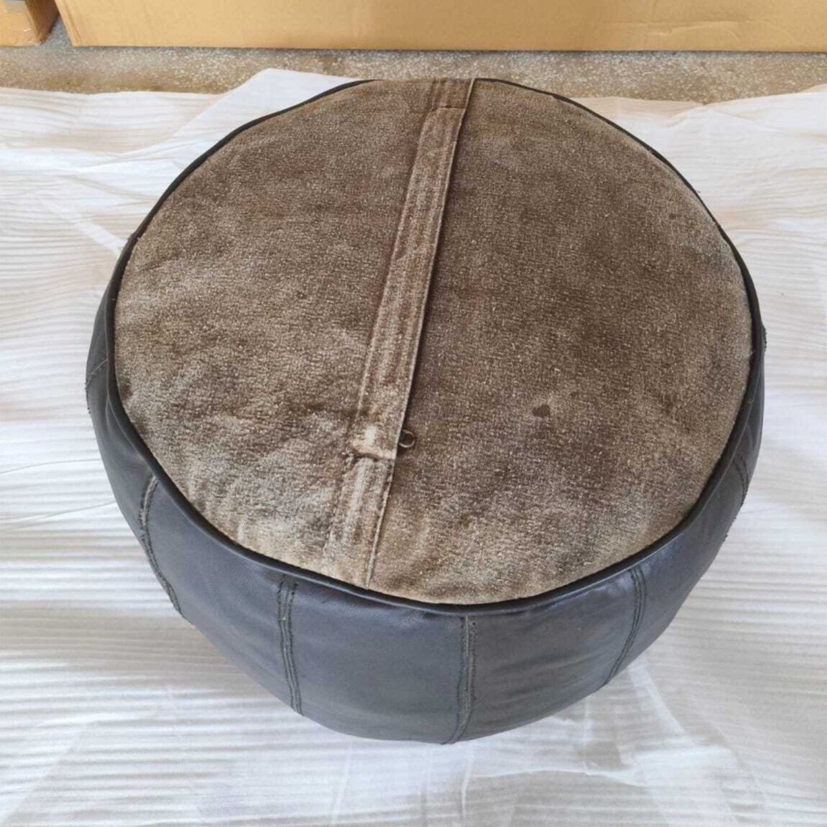 Dakota Chocolate leather round ottoman - Rustic Furniture Outlet