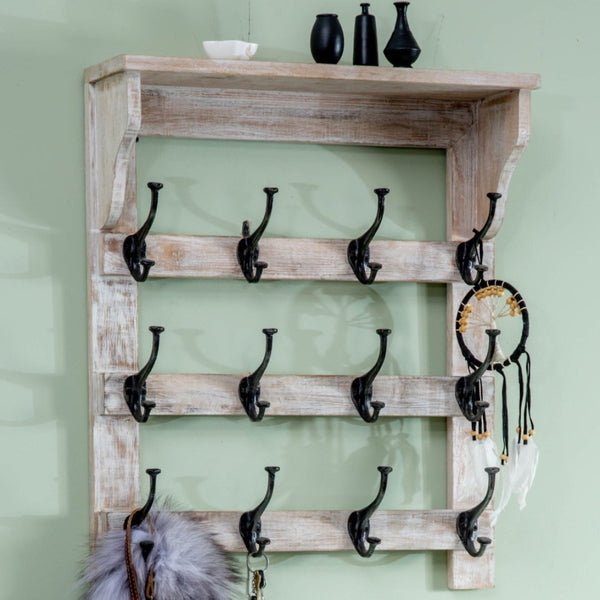 Coat Rack With Shelf wooden Wall mounted 5 Silver Hooks All White Dark Oak  Wax
