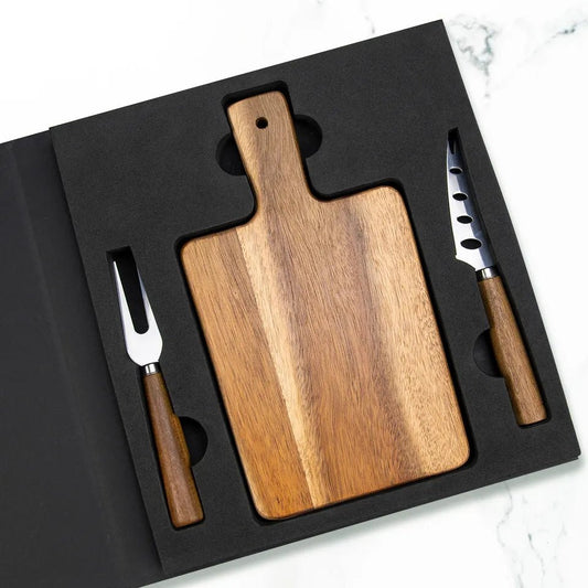 Coffret cadeau planche à découper en bois d'acacia avec ensemble de couteaux à fromage - Rustic Furniture Outlet