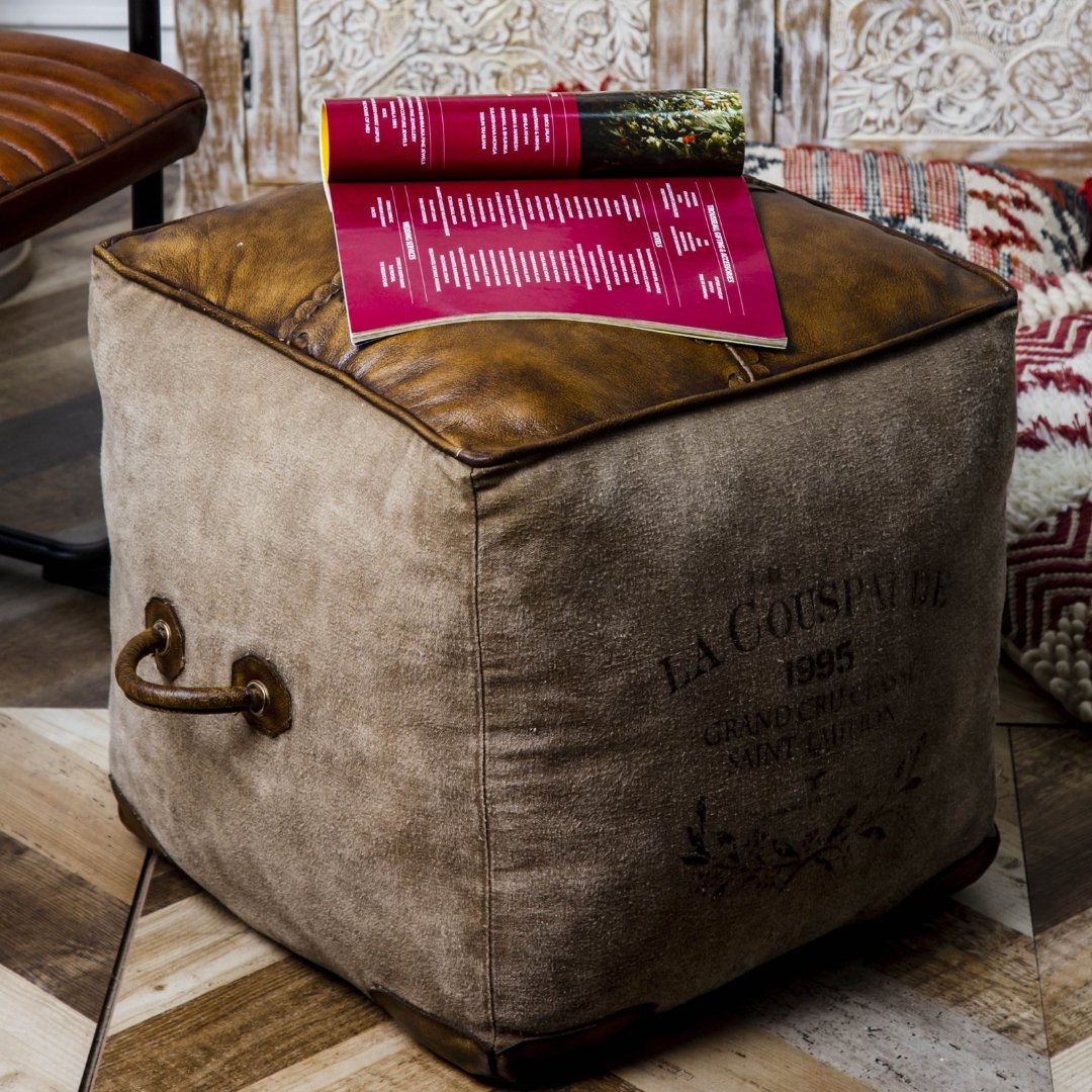 Poignées de pouf en toile recyclée et cuir - Rustic Furniture Outlet