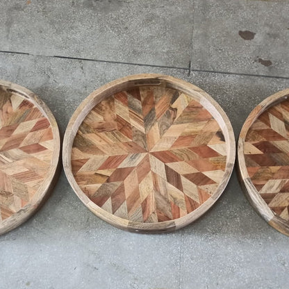 Round Chevron Mango wood Tray - Rustic Furniture Outlet