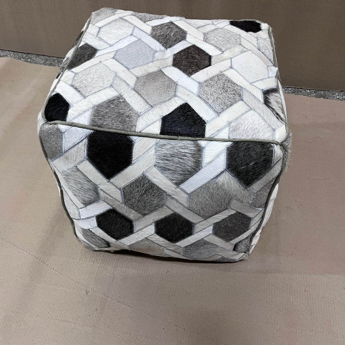 Silver/White Genuine Leather Cube pouf - Rustic Furniture Outlet