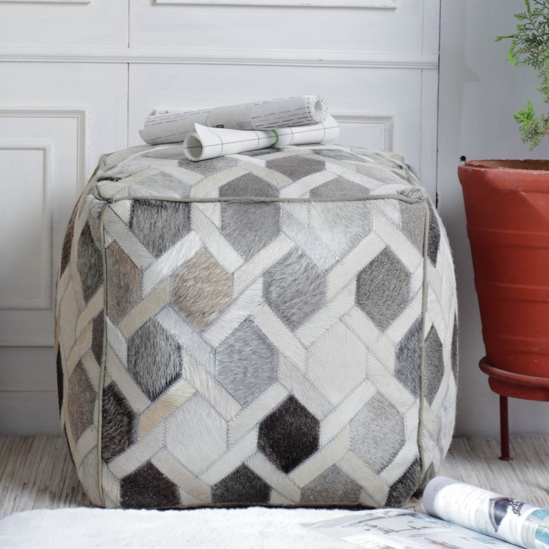 Silver/White Genuine Leather Cube pouf - Rustic Furniture Outlet