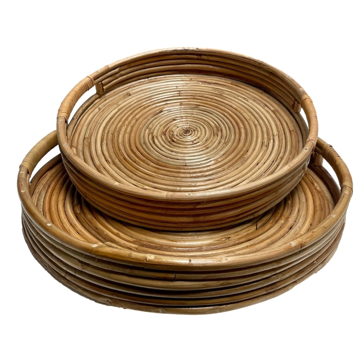 Verres Set of 2 Rattan Round Tray with Handles - Rustic Furniture Outlet