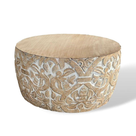 Table basse tambour en bois de manguier Jungle White Wash - Rustic Furniture Outlet